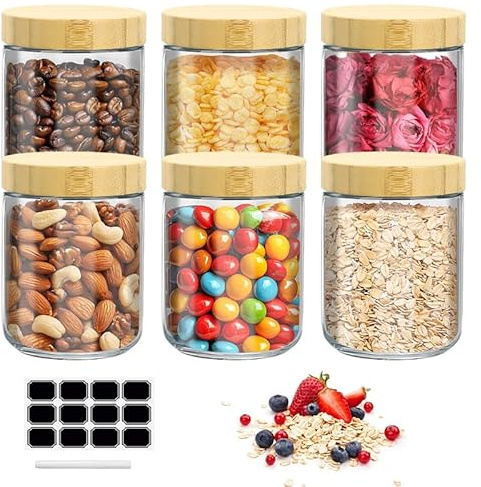 Shengxi 6 Barattoli di Vetro con Coperchio 500ml Oats Contenitore Meal Prep Contenitore, Barattoli Spezie Vetro con Coperchi in Bambù, Contenitori Spezie per Cucina Ermetici, con Etichette e Penna