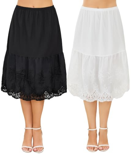 Sopesil Jupons Femme Coton Midi Broderie Dentelle Jupe sous Robe Taille Élastique Confortable A-Ligne De Fille Été S-XXL