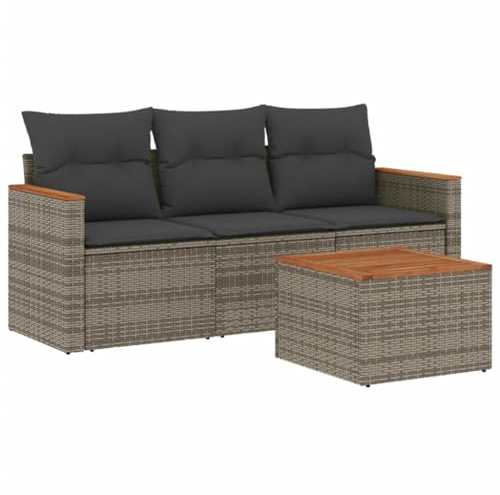 XHNIFBN Juego de 4 sofás de jardín de ratán sintético con madera de acacia, juego de salón modular, incluye espacio de almacenamiento, mesa de jardín y tapicería, conjunto de asientos para terraza y