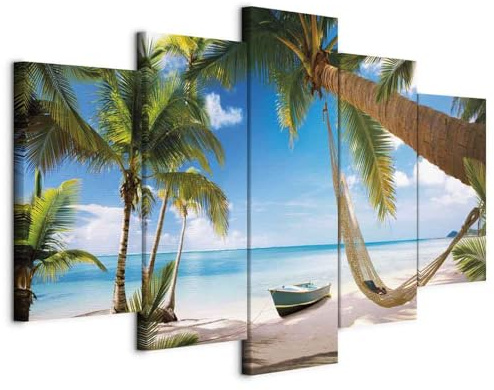 B&D XXL - Leinwandbild Landschaft Palmen Boot, 225x112 cm, 5-teilig, modern | Hochwertige Leinwand, sofort aufhängbar, ideal fürs Wohn- oder Schlafzimmer, wasserfest und lichtecht, langlebig, stilvoll