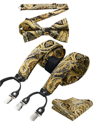 HISDERN Hosenträger Herren 3,5 cm mit 6 Extra Stark Clips in Y-Form Elastisch Längenverstellbar 130 cm Fliege und Hosenträger 3er Set für Männer