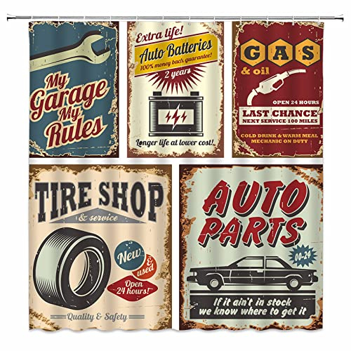 jingjiji Car Shower Curtain 1950s Retro Country Garage Antique Car Accessories American Repair Poster License Plate Nostalgic Letter Bathroom Decor Curtains Polyester Fabric (Red, 70 x 70 Inch)