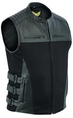 Leatherick Gilet da motociclista Warrior in pelle di bufalo in denim e pelle di bufalo, stile tattico da uomo con tasche per pistola e pannelli perforati