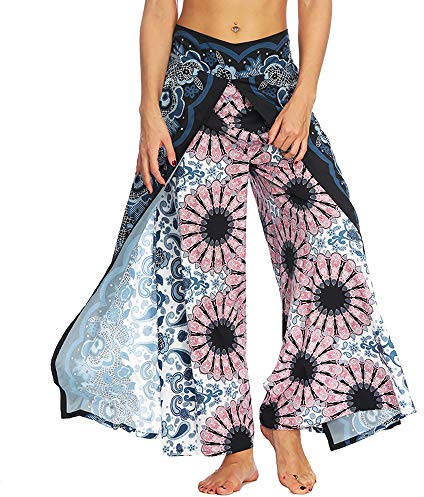 Nuofengkudu Hippie, långa byxor med slits, lösa vida ben, yogabyxor, sommarbyxor, Mörkblå blommig, XL