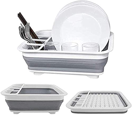 Collapsible Dish Drying Rack, Small Folding Dish Rack, D L D Portable Dish Drying Rack, Compact Dish Drainer for Kitchen, Camper, RV, Caravan, Travel Trailer (Gray and White Without Drainer Board)