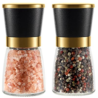 Vevok Chef Gold Salt and Pepper Grinder Set, Easily Adjustable Coarseness Ceramic Core, Refillable Spice Mill with Transparent Crystal Glass Body, Marble Style