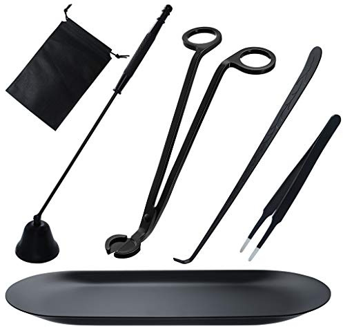 laffeya Kerzendochtschneider, Kerzenzubehör Set 6 in 1 – Kerzenlöscher, Dochtschneider, Dochtlöffel, Pinzette, Aufbewahrungstasche und Teller-Ablage | Kerzenzubehör Set 6 in 1 - Kerzenlöscher, Dochtschneiden, Kerzenlöffel, Pinzette, Aufbewahrungstasche und Tellerablage