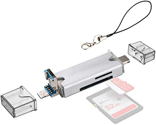 JJC Metal USB 3.0 Card Reader with USB 3.0, Micro USB 2.0 and Type-C USB 3.0 ports for SDXC, SDHC, SD, Micro SD, Micro SDXC, Micro SDHC for Micro OTG/USB-C OTG Enabled Phones or Tablets (Silver)