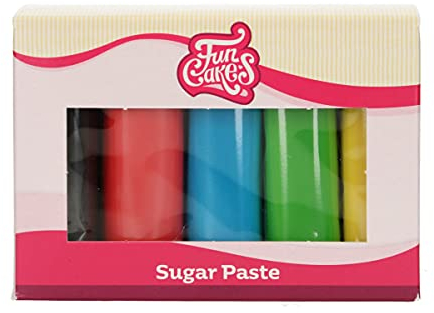 FunCakes Pasta di Zucchero Multipack Essential Colours: liscio, flessibile, morbido e pieghevole, halal, kosher e senza glutine. Colori: giallo, verde, blu, rosso, nero. 5 x 100 g