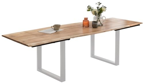 SAM Esstisch Adina 160(260) x90 cm Akazie Natur Baumkante U Silber | Baumkantentisch massiv, Akazienholz naturfarben, ausziehbar, 26 mm Tischplatte, mit 2 Ansteckplatten, Metallgestell