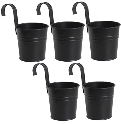 XZJMY 5 Stück Hängende Blumentöpfe Metall Eisen Eimer Pflanzgefäß Metall Eimer Blumenhalter mit Haken Indoor Outdoor Dekor für Geländer Zaun Balkon Garten (Schwarz)
