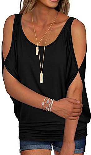 Tshirt Femme Top Chic et Élégant Coton 2026 Noir Tops D'Été Décontractés à Épaules Dénudées Manches Dolman col Rond Coupe Ample Haut