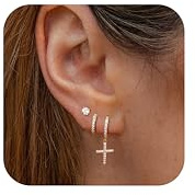 LOLIAS Creolen Ohrringe für Damen Herren - 14 Karat Vergoldet CZ Kreuz Ohrstecker mit Hochglanzpoliert Funkelnde Anhänger Geschenk Tragus Ohrringe