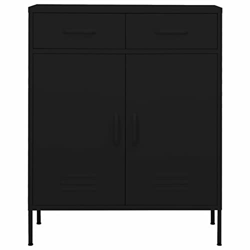 Gecheer Lagerschrank mit 2 Türen & Schubladen Sideboard Kommode Anrichte Stahlschrank Beistellschrank Mehrzweckschrank Schwarz 80x35x101,5 cm Stahl