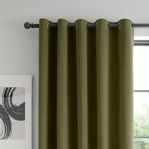 Catherine Lansfield Wilson Velvet Blackout Thermal 66x72 Inch Eyelet Curtains Two Panels Olive Green