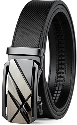 Drowsmen Leather ratchet belt 1 3/8 with Comfort Click Sliding Automatic Buckle in gift box, Adjustable belt Trim to Fit (Carbon Fiber M Belts, 36-42 Waist Adjustable)