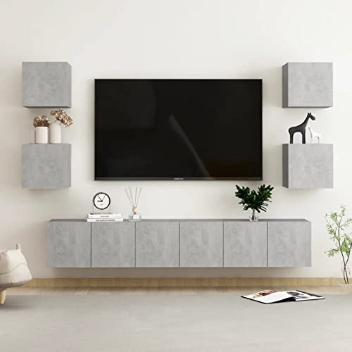 Yongdu 7-TLG. TV-Schrank-Set, Wohnwand, Anbauwand, Schrankwand für Wohnzimmer, Betongrau Holzwerkstoff