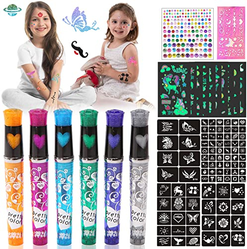 Glitter tatueringspennor barn (6 färger | 95 stenciler), tatuering gelpennor med 10 tatueringar enhörning lysande och 1 blad glitterstenar ansikte, tatueringspennor för gåva flicka från 5 år