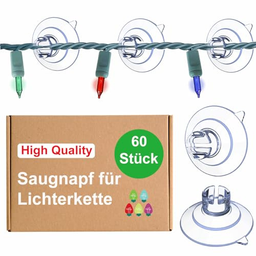 POEYMTK 60 x Saugnapf für Lichterkette, Saugnäpfe mit Kabel-Schlitz für lichterketten, Saugnapfhalter zur Befestigung von Dekorationen und Minilichterketten an Fenster Ø 30 mm