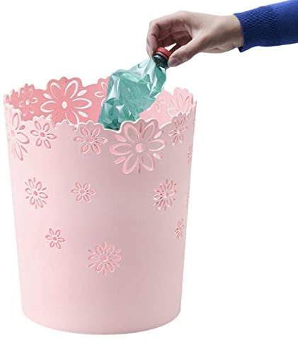 SMELEYOU Round Pink Waste Bin - Plastic Hollow Trash Can With Flower Lace Design for Bedroom and Office