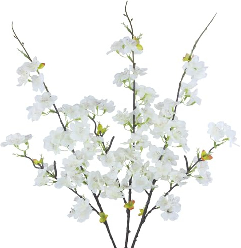 CITYES 3 rami di ciliegio artificiali in seta bianca, fiori di pesco sfusi finti rami primaverili disposizione fiori di ciliegio finti steli per interni ed esterni feste fai da te matrimonio