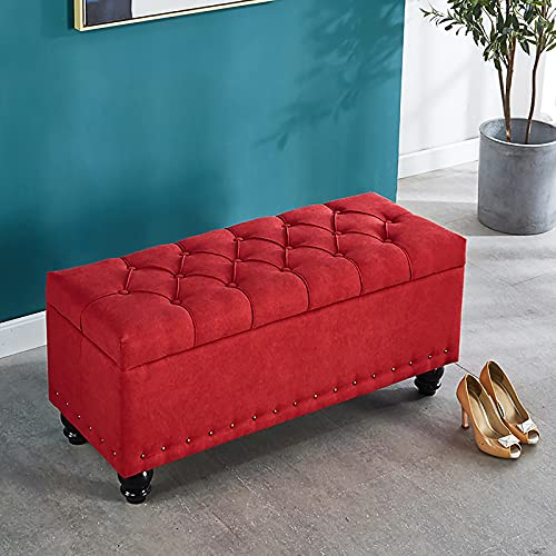Rechteckige Aufbewahrungs-Ottomane-Bank, Leinen-Polsterbank, Sitzende der Bettbank mit Stauraum, Moderner Wohnzimmer-Fußhocker, Eingangsbereich, Schuhe, Wickelhocker, Rot, 100 x 40