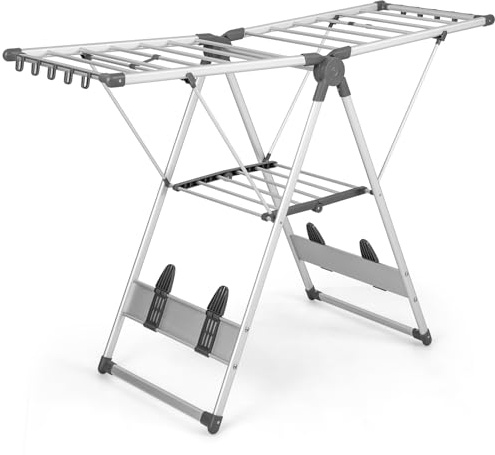 RELAX4LIFE Folding Clothes Drying Rack, 2-Layer Clothes Airer Winged Drying Horse with 21 Drying Rails, 10 Side Clips, 4 Shoe Holders, Adjustable Aluminum Laundry Dryer Hanger for Indoor Outdoor