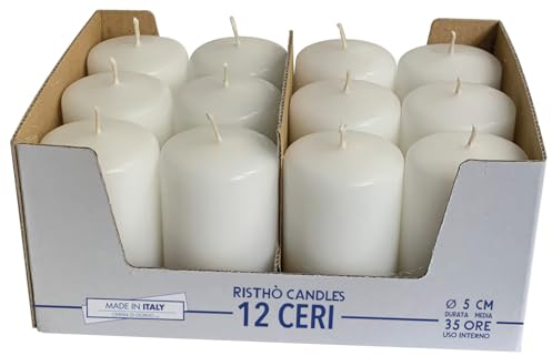 Set da 12 candele -diametro 5 cm -altezza 8 cm- non profumate-Colore Bianco-Cereria di Giorgio