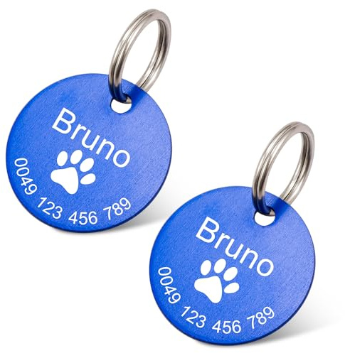 2 Stück Erkennungsmarken Hundemarke mit Gravur Tiermarke inkl. Schlüsselring Personalisierte Adressanhänger Blau Plakette für Katze, Hunde