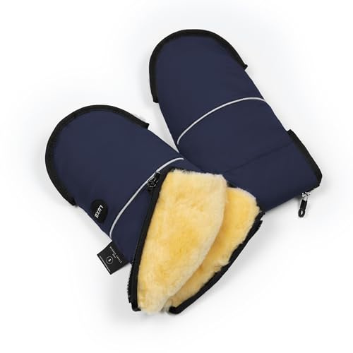 WERNER CHRIST Baby Sheepskin Hand Warmer - GLOVY Luxe Gloves are The Ideal Baby Carriage muff Made of Medical Fur, Warm Universal and Water-Repellent Hand muff, in Navy (Blue)