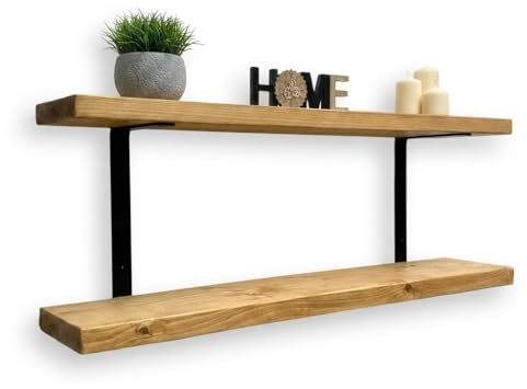 MKGT Rustic Floating Shelves Solid Wood Wall Mounted Shelves Set of 2 with Black Steel L Brackets – Kitchen Living Room Hallway Shelf (100cm)