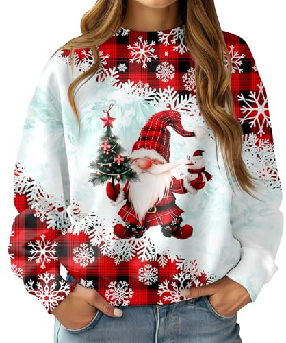 RAISEVERN Jultröja för kvinnor ful jultröjor rolig grafisk rund hals casual långärmade skjortor, S-XXL, Rött 3, L