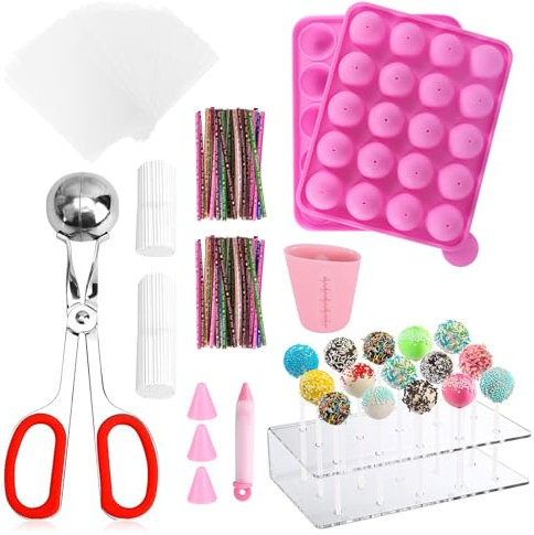 Cake Pop Mold Set, 605PC Lollipop Cake Pop Maker Set with Cake Pop Stand Holder,20Cavity Cake Pop Molds,Cake Pop Sticks and Wrappers,Decorating Pen,4 Piping Tips,Measuring Cup for Making Lollipop Kits