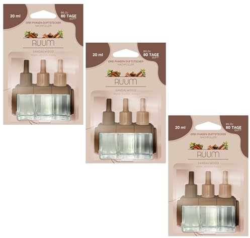 RUUM Nachfüllflakons 3er Pack je 20 ml Sandelholz - Hochwertiger Raumduft Nachfüller - Kompatibel mit Febreze & Ambi Pur 3Volution Duftstecker - Lufterfrischer Nachfüller für Duftvielfalt