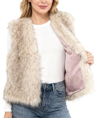 Amazhiyu Women Faux Fur Gilet-Winter Fluffy Sleeveless Open Front Waistcoat Grey S