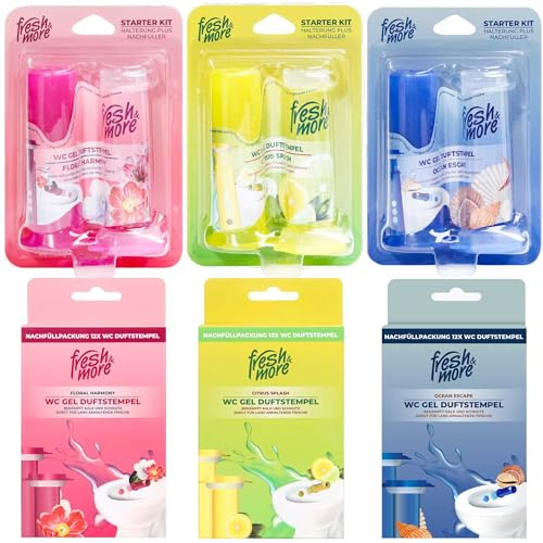 Fresh & More WC-Duftstempel Starter-Set 3er + 6 Nachfüller - körbchenloses & hygienisches WC Frischesiegel Gel für Toilette | Duftvielfalt Citrus, Floral & Ocean
