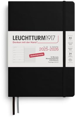 LEUCHTTURM1917 372615 Wochenkalender & Notizbuch Medium (A5) 2026, 18 Monate 07.2025-12.2026, Hardcover, Schwarz, Deutsch