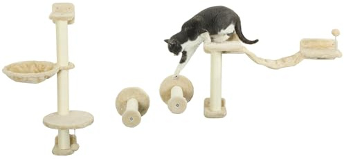 PawHut Juego de Estanterías para Gatos de 4 Piezas Rascador de Pared para Gatos con Hamaca Postes Rascadores Escalera Blanda Bola Plataformas para Saltar Beige