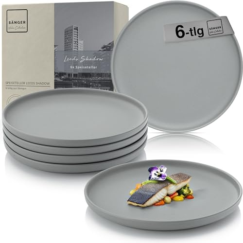 SÄNGER Leeds Shadow | Teller Set 6 Personen, 6x Speiseteller aus Steingut, Dinner Set kratz- mikrowellen- fest, Steingut Teller Essteller Essgeschirr, Plate Set dunkelgrau | VALUE COLLECTION
