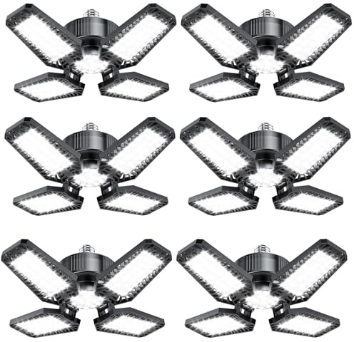 TOPAUBUB Garagenlampe LED 6 Stück 20W, 2000LM LED Garagenbeleuchtung mit 4+1 Verstellbaren Paneelen 6500K E26/E27 für Garage/Werkstatt/Keller (Äquivalent zu 120W)