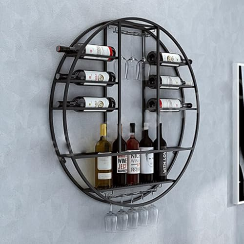 TYHAYJYK Rundes industrielles Weinregal aus Eisen mit Weinglashalter, Weinregal aus Metall, Wandmontage, modernes Weinaufbewahrungsregal aus Eisen, Halter für Spirituosenbar, Ausstellungsre