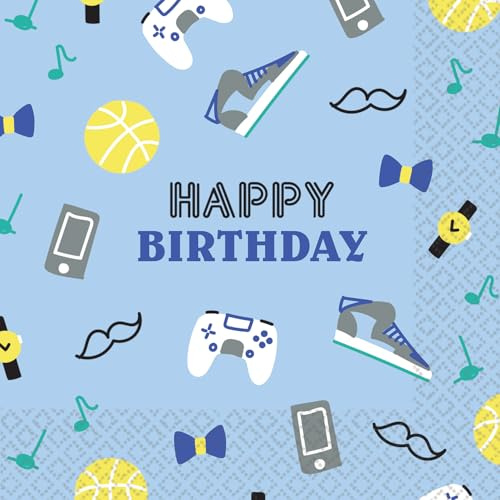 Riethmüller Servietten Happy Birthday blau, 33cm x 33cm, 16 Stück - Große Papier-Servietten mit Spruch für Geburtstag & Kindergeburtstag - Tischdeko