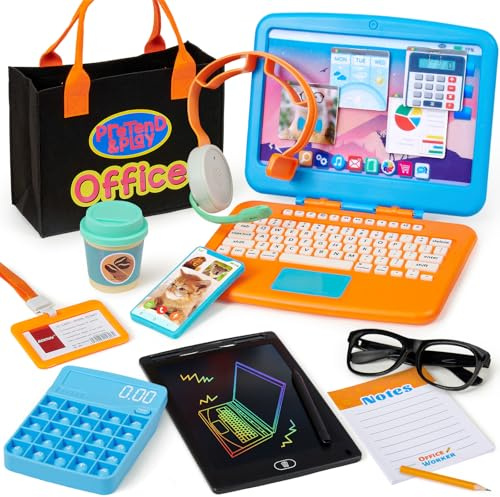 Cleboen Pretend Play Home Office Set for Kids — Toy Laptop, LCD Writing Tablet, Pop Fidget Calculator, Phone, Headset, Glasses, Coffee Cup & Handbag, for Boys Girls Age 3-5-7