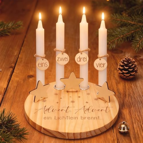 Portavelas de Adviento de 20 cm, corona de Adviento de madera redonda con 4 velas, diseño moderno, candelabro de Adviento con 4 números de Adviento, colgante de madera y estrella de cinco puntas para