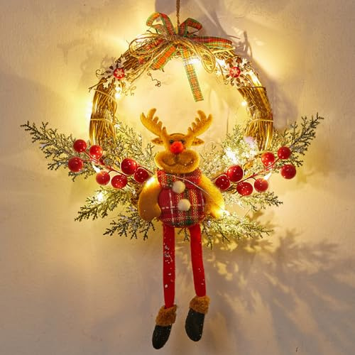 Türkranz Weihnachten, 35 cm Weihnachtskranz, Weihnachten Deko Türkranz mit 30 LEDs, Weihnachtskranz Haustür, Weihnachtsgirlande Deko, Weihnachtstürkranz Weihnachtsdeko für Tür, Wand, Fenster(Elch)