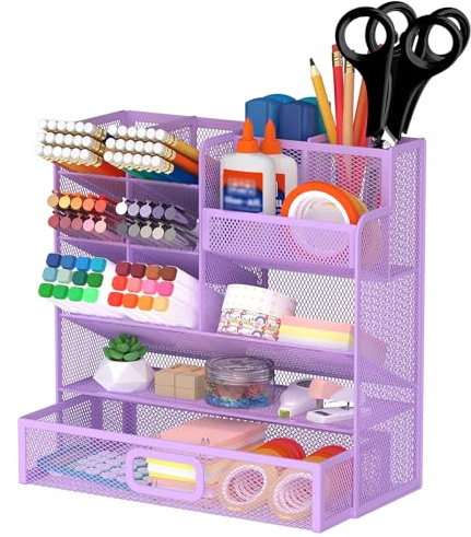 ReePlan Organizer da scrivania in rete a maglia, portapenne da parete multifunzionale con cassetto, organizer da scrivania e portaoggetti per forniture scolastiche, casa e arte (Violet)