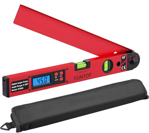 XUNTOP Digital Angle Finder 0-225° 400mm Inclinometro con LCD Retroilluminato, ON/OFF, Precisione ±0.5°, Goniometro con Livella a Bolla Orizzontale e Verticale, per Lavoro Legno, Costruzione - Rosso