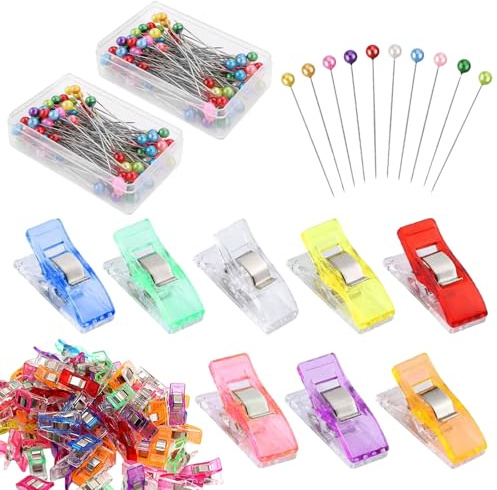 200 Stück Mehrfarbige Edelstahl Stecknadeln mit Kopf + 50 Stück Nähklammern, Stoffklammern zum Nähen, Nähzubehör für Basteln, Quilten, Säumen, Schmuck Making