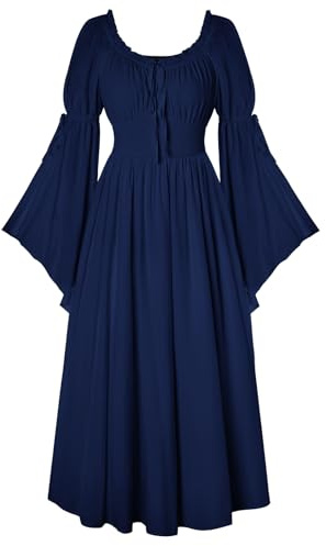 Women Renaissance Style Maxi Dress Elastic Waist Flared A-Line Medieval Dresses Navy Blue XXL
