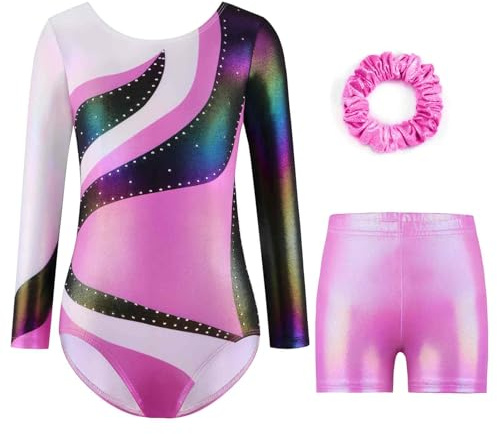 Body Ginnastica Artistica Bambina Ragazze - Body da Ginnastica Ragazze a Maniche Lunghe e Senza Maniche con Colori Sfumati Pantaloncini e Fascia per Capelli, Atletica Body per Bambini 5-14 anni